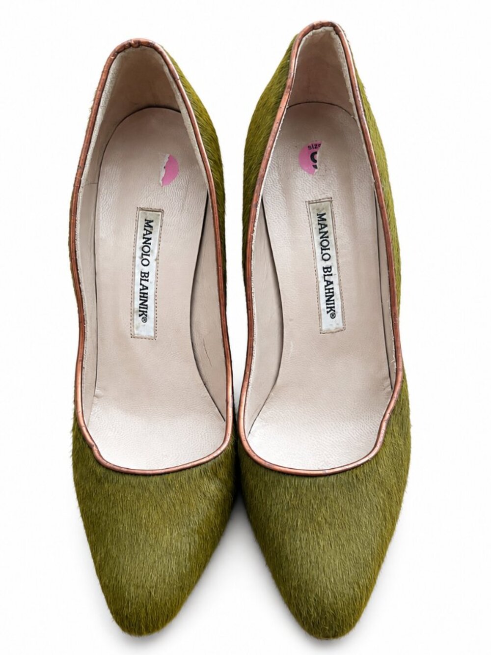 Manolo Blahnik Moss Green Haircalf Pumps Metallic Gold Block Heel Size 39.5
